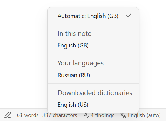 The status bar: findings and the note's language menu