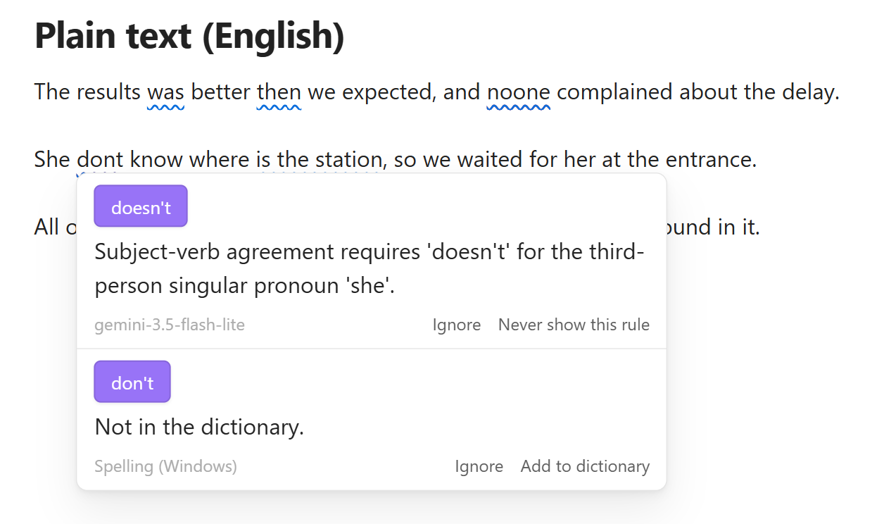 One word, two checkers: the spelling dictionary offers don't, the model doesn't