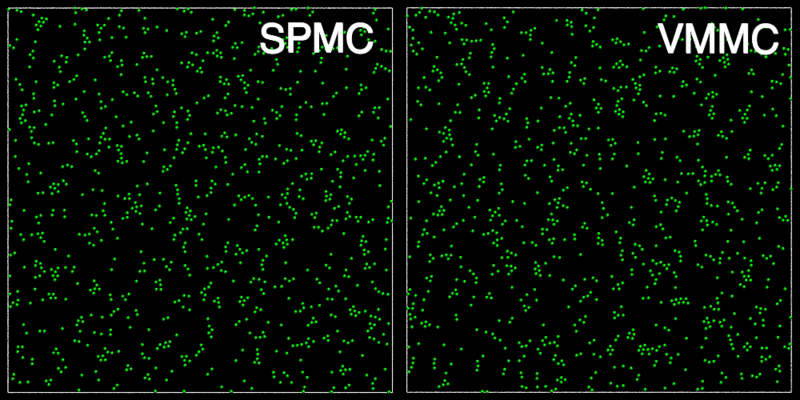 Comparison of the single particle and virtual-move Monte Carlo algorithms.