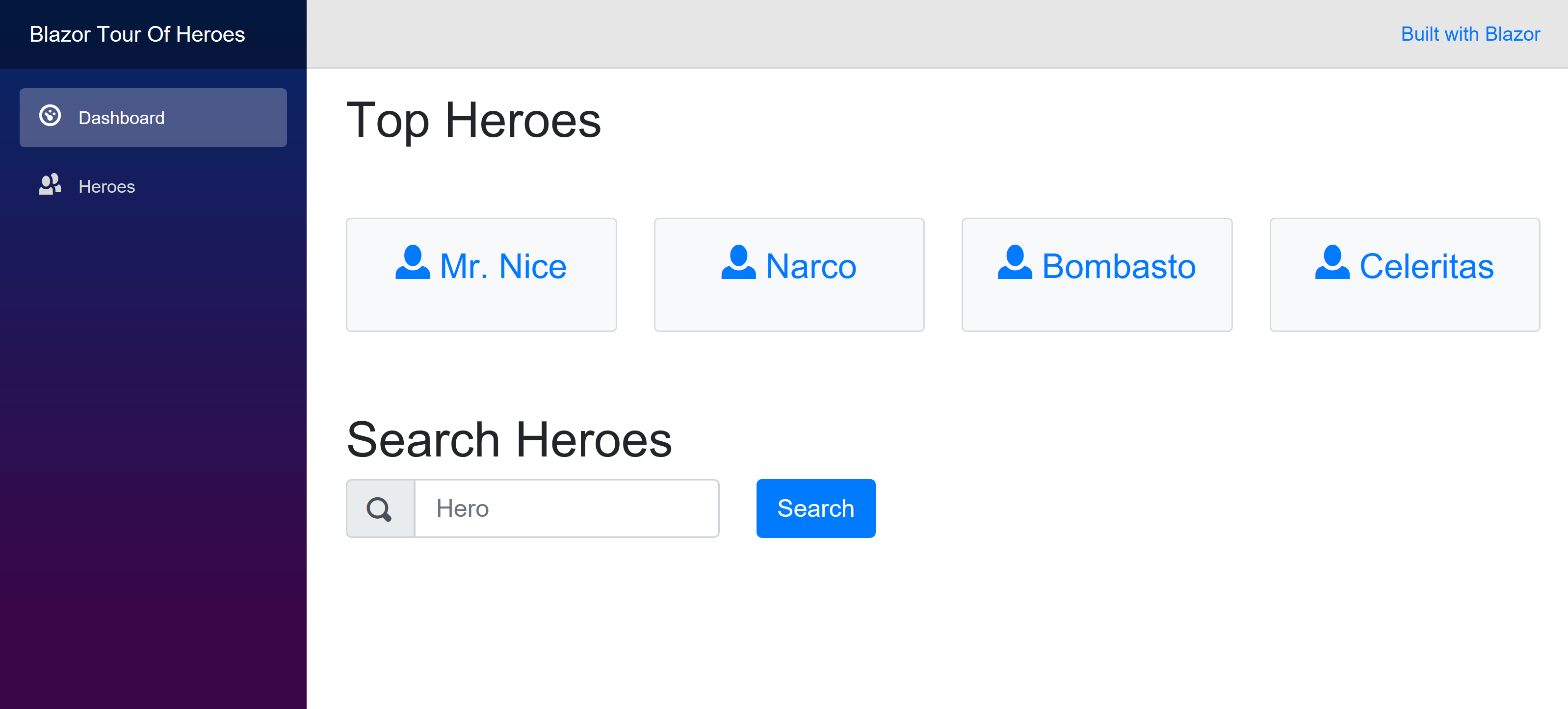 Tour of Heroes Home Page