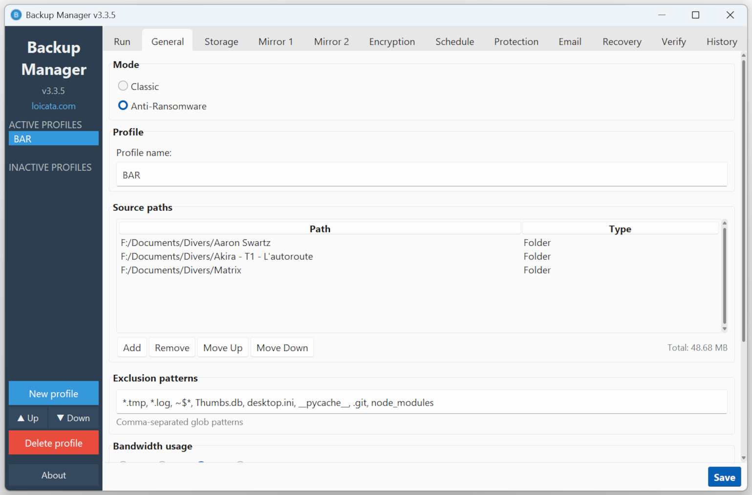 General settings tab