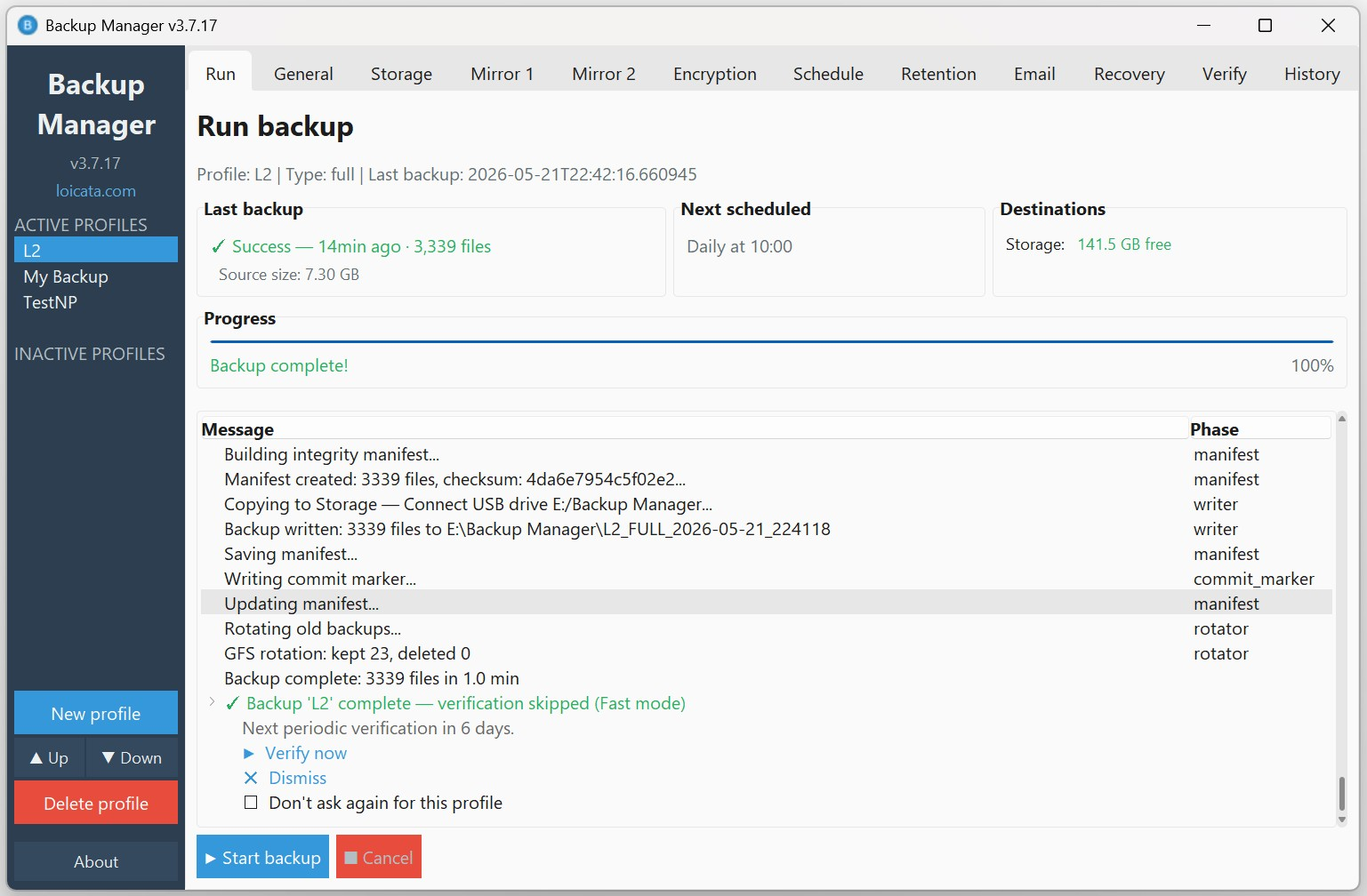 Backup Manager - Run backup