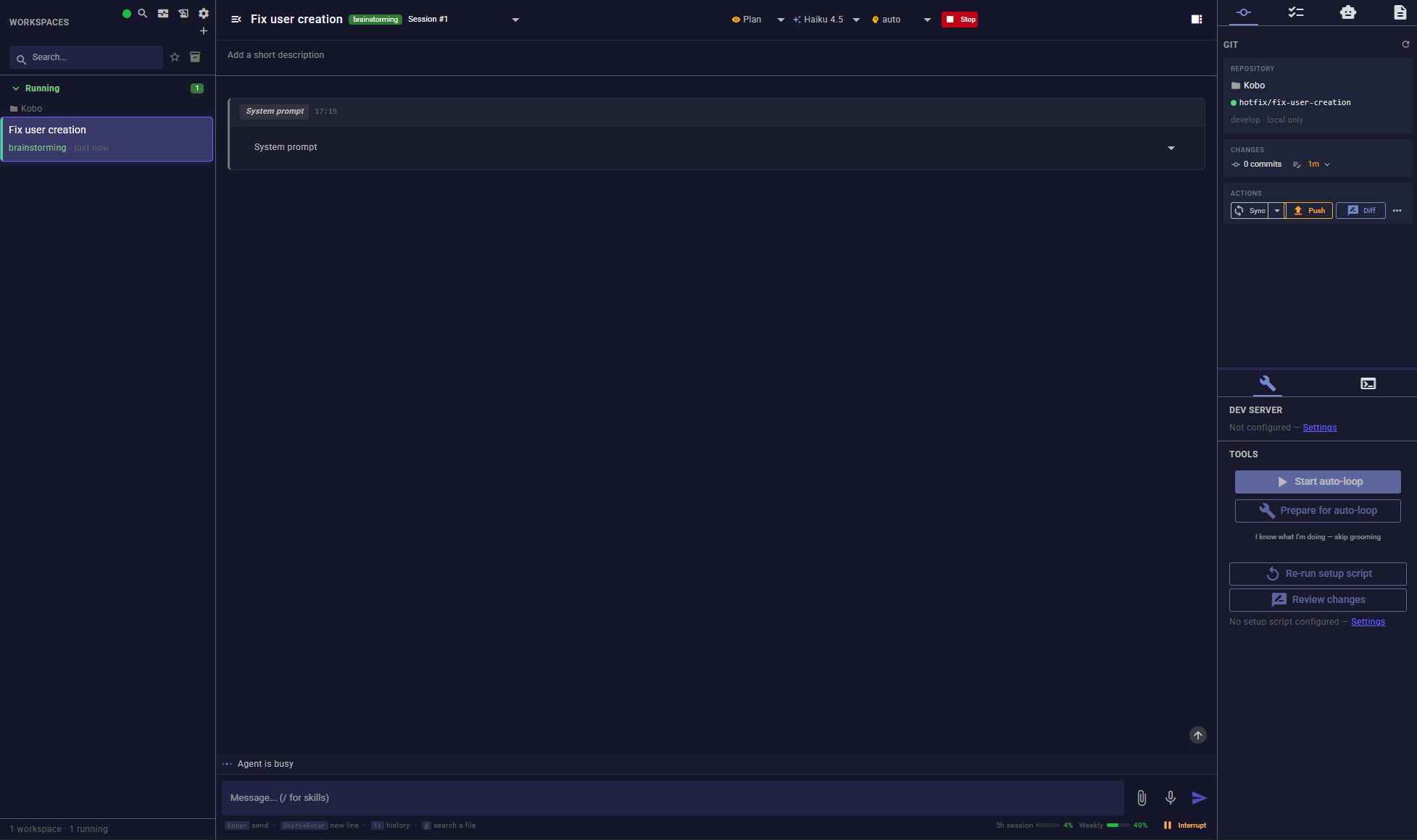 Kōbō workspace view: live chat and git panel