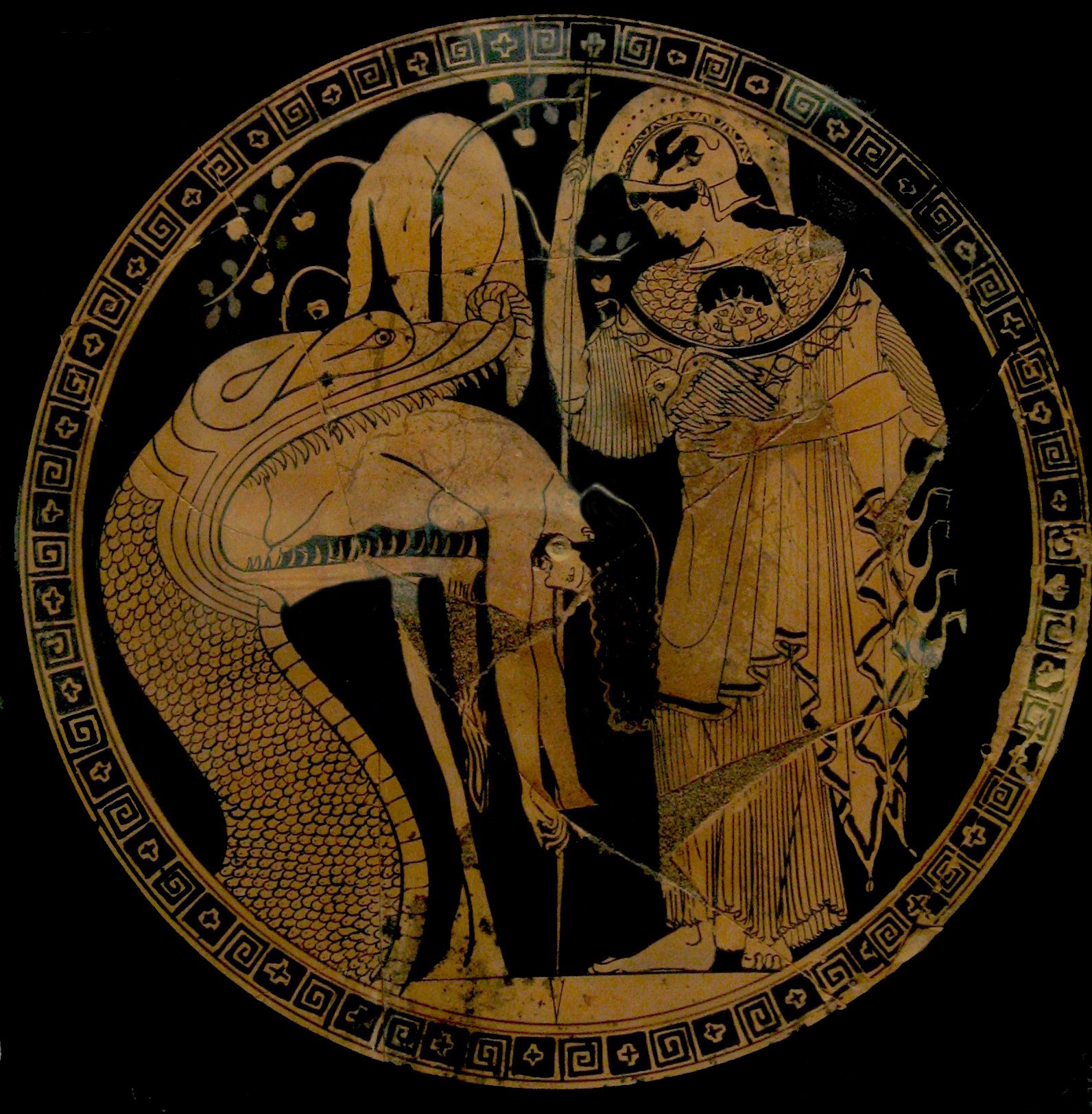 Jason being regurgitated by the snake who keeps the Golden Fleece (center, hanging on the tree); Athena stands to the right. Red-figured cup by Douris. Attic red-figure kylix painting, c. 480-470 BC. From Cerveteri (Etruria)
