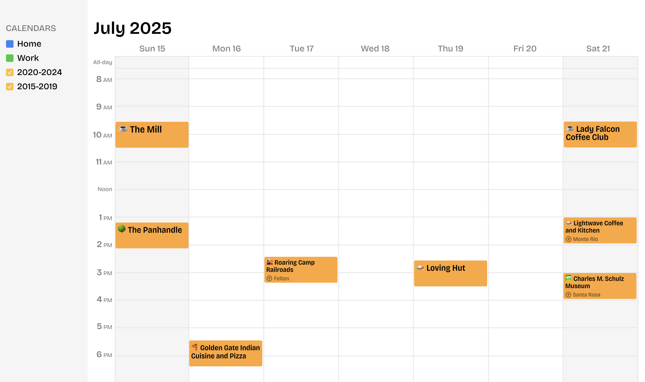 Calendar showing a week view with multiple events placed on each day