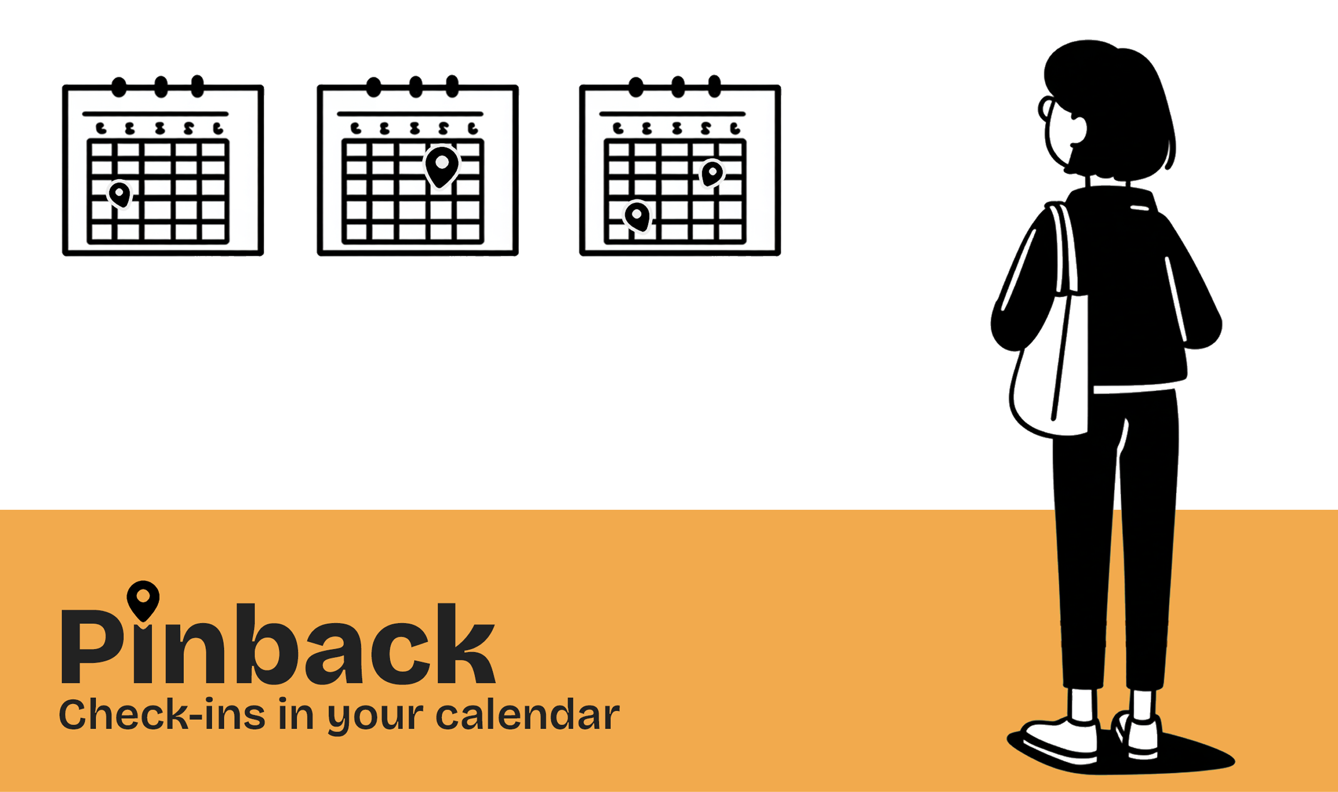 Map pin with a clock embedded in it. Text in image reads: Pinback - Your check-ins in your calendar
