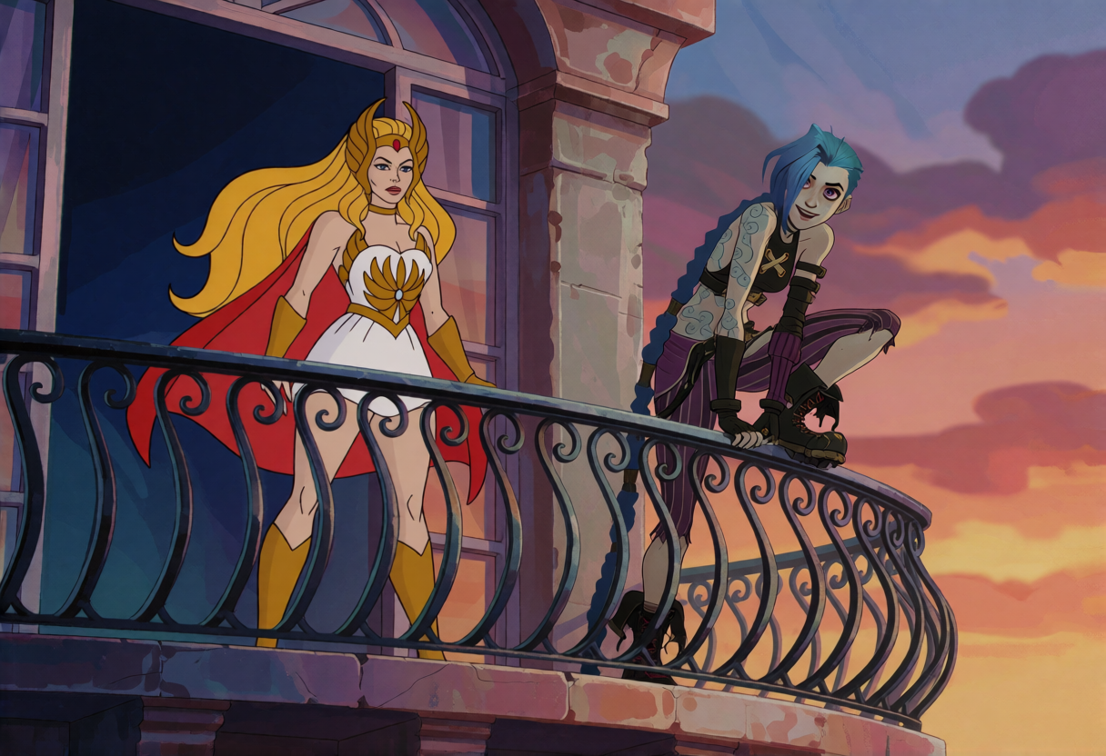 Two independently routed character LoRAs sharing a balcony scene