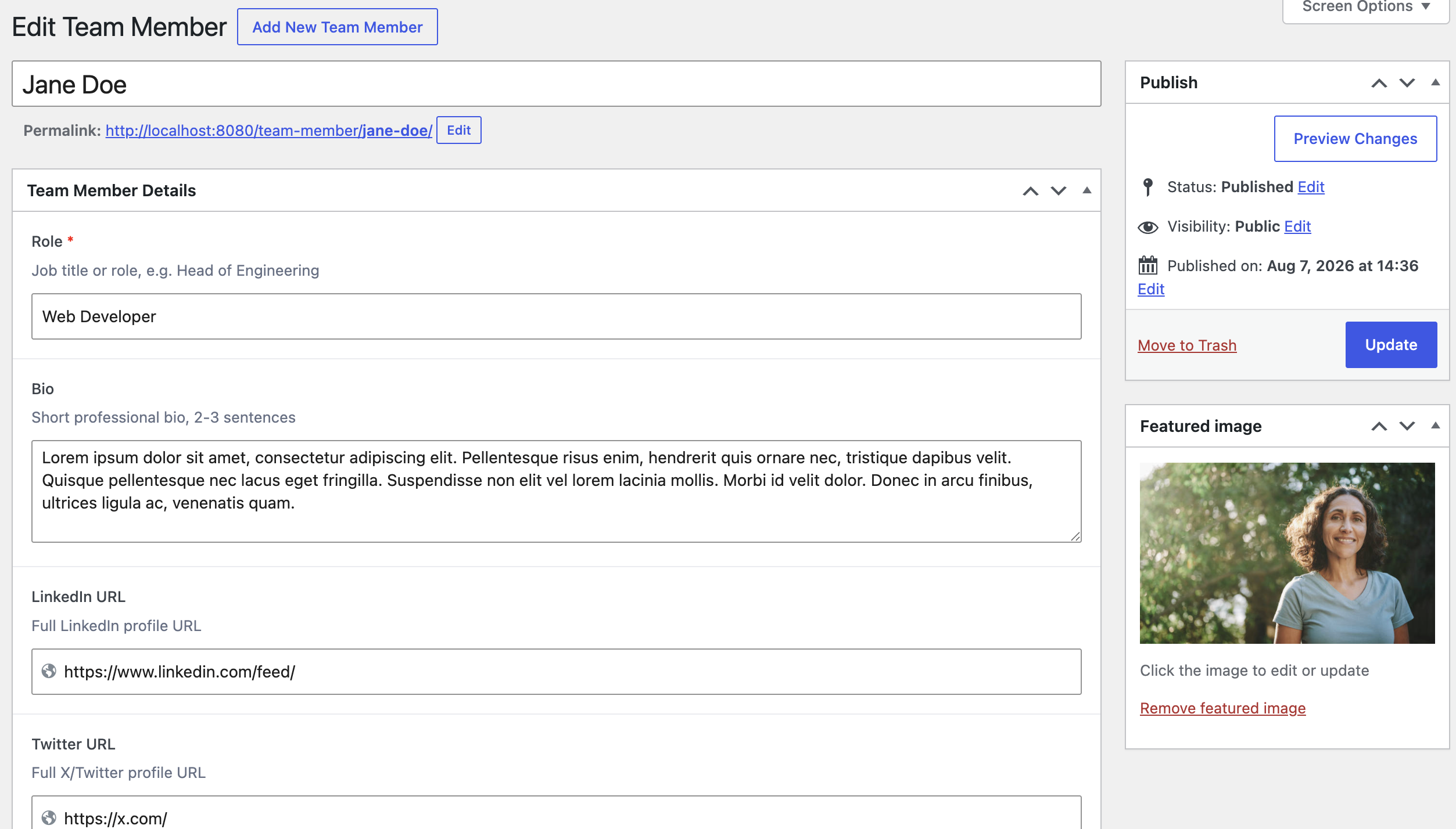 ACF field group on the Edit Team Member screen