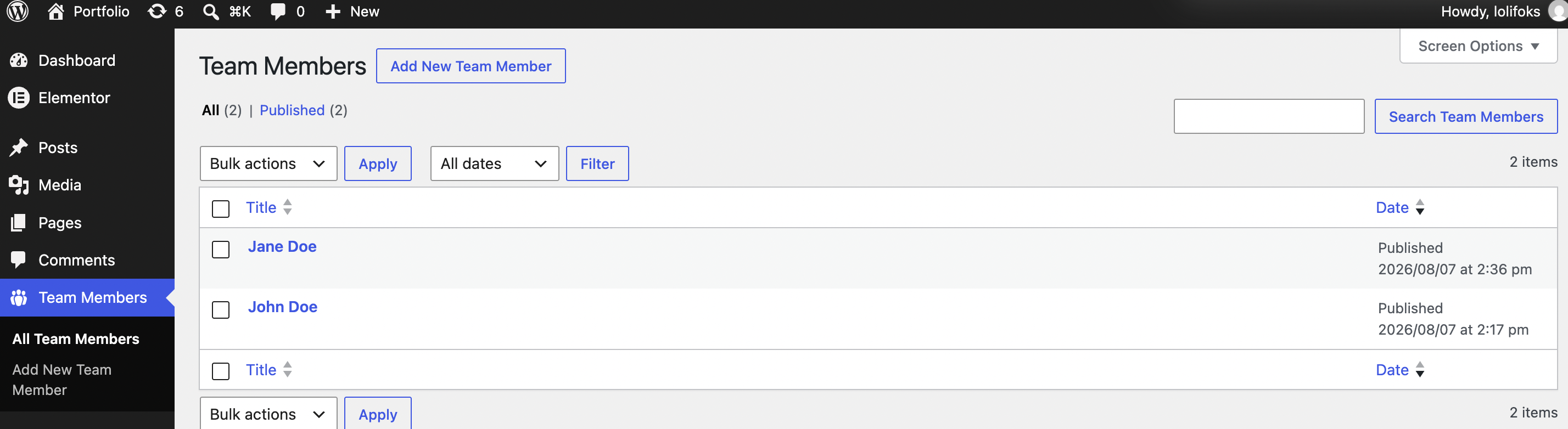 Team Members list table in wp-admin