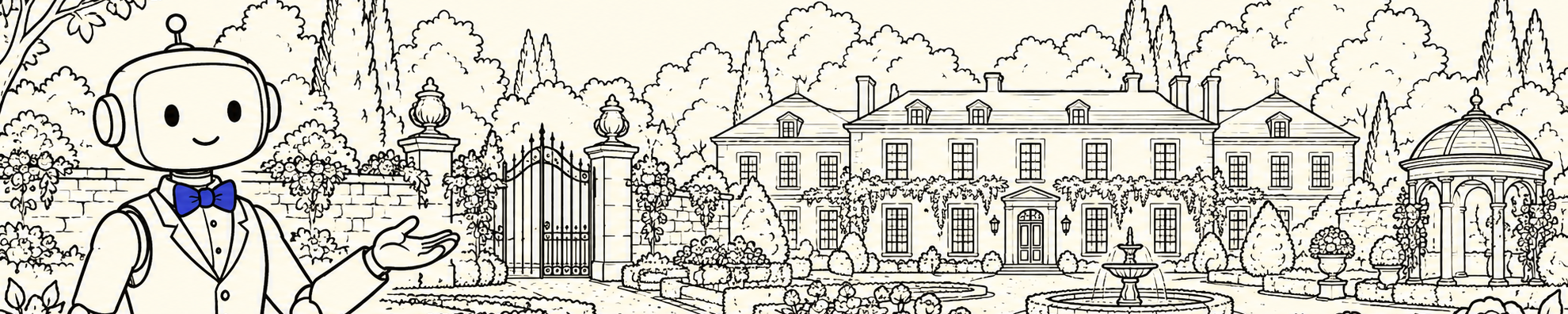Line drawing of a robot butler welcoming visitors to a manor garden