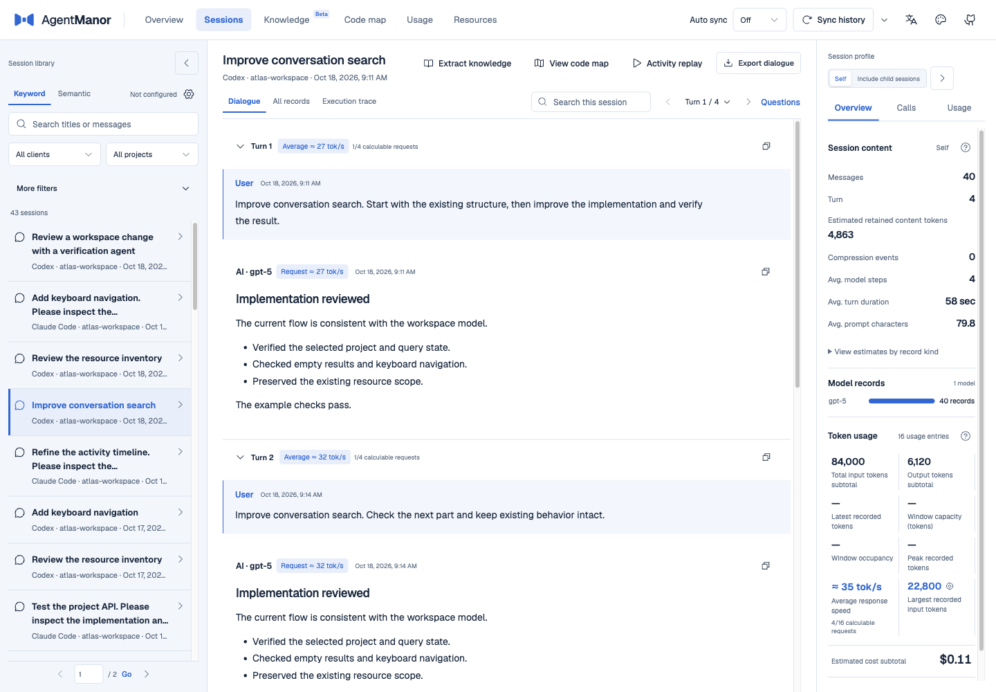 Session library with a conversation list, dialogue reader, and model and usage details