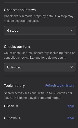 English settings: observation interval, checks per turn, and topic history