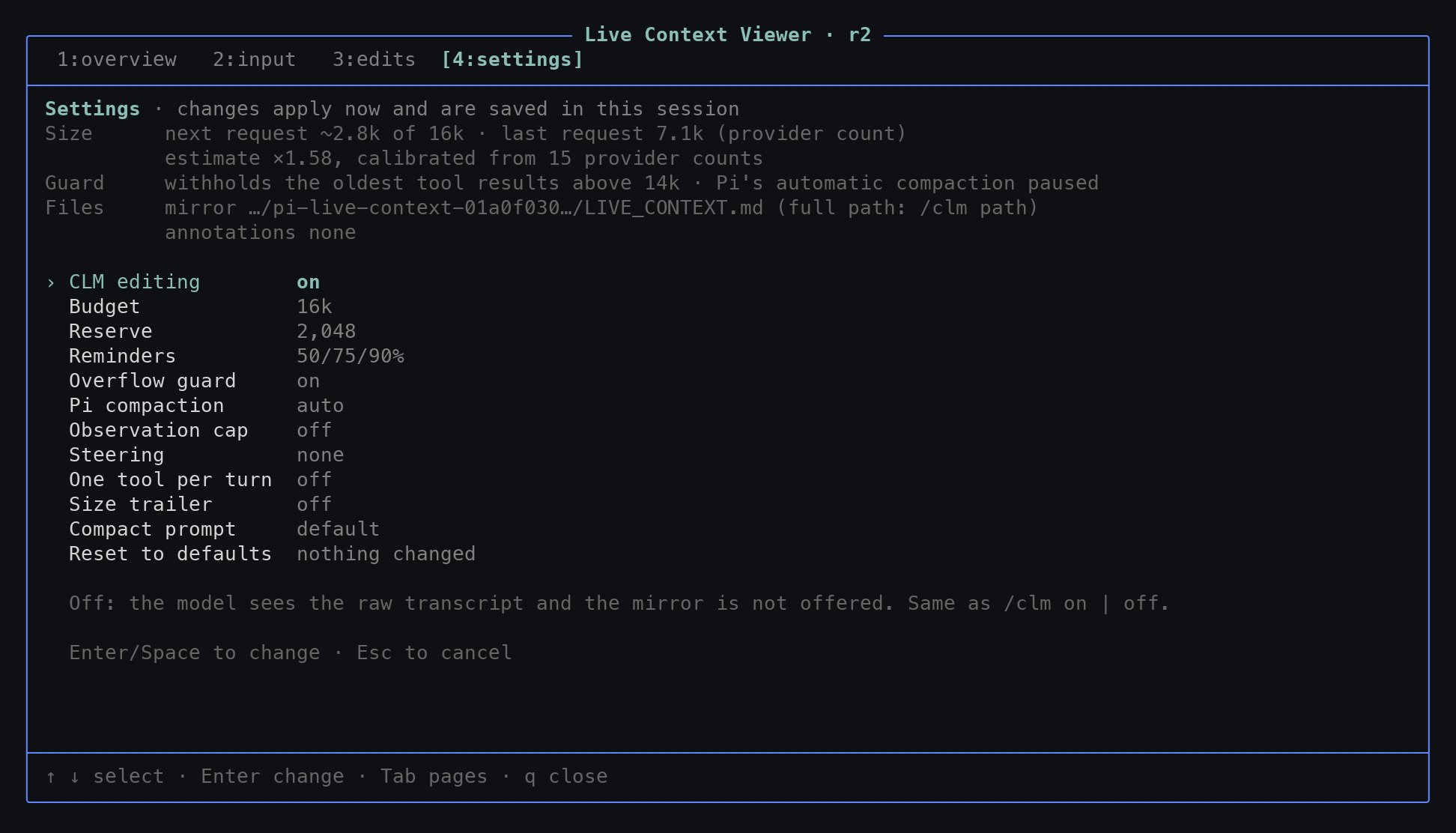 The settings page: sizes, guard, files, and every setting