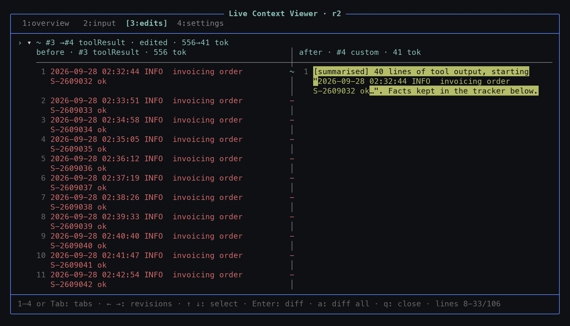 The edits page: a tool result before and after the model shortened it