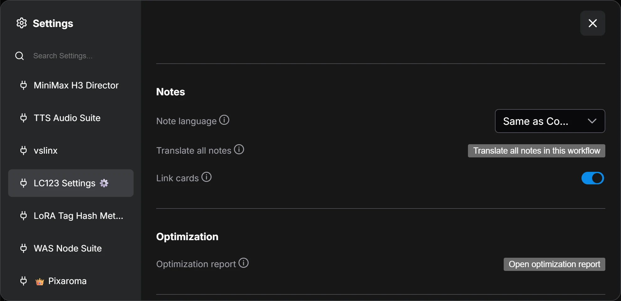 Note language, Translate all notes and Link cards in Settings > LC123 Settings > Notes