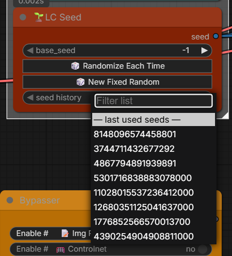 LC Seed's buttons and seed history dropdown