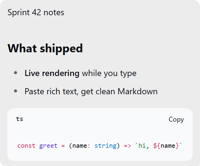 A sent user message rendered as Markdown: heading, list and a syntax-highlighted code block