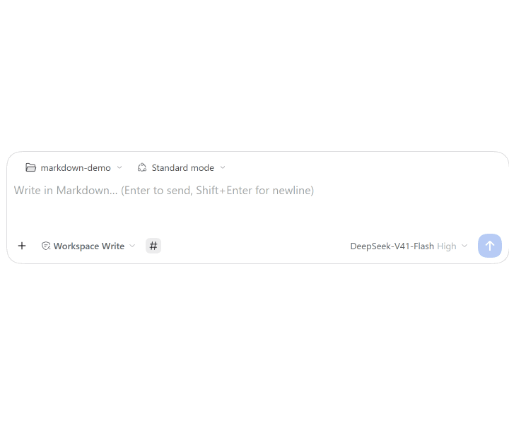 Typing Markdown in the composer: headings, bold, lists and code blocks render while you type, and the sent bubble shows the same content