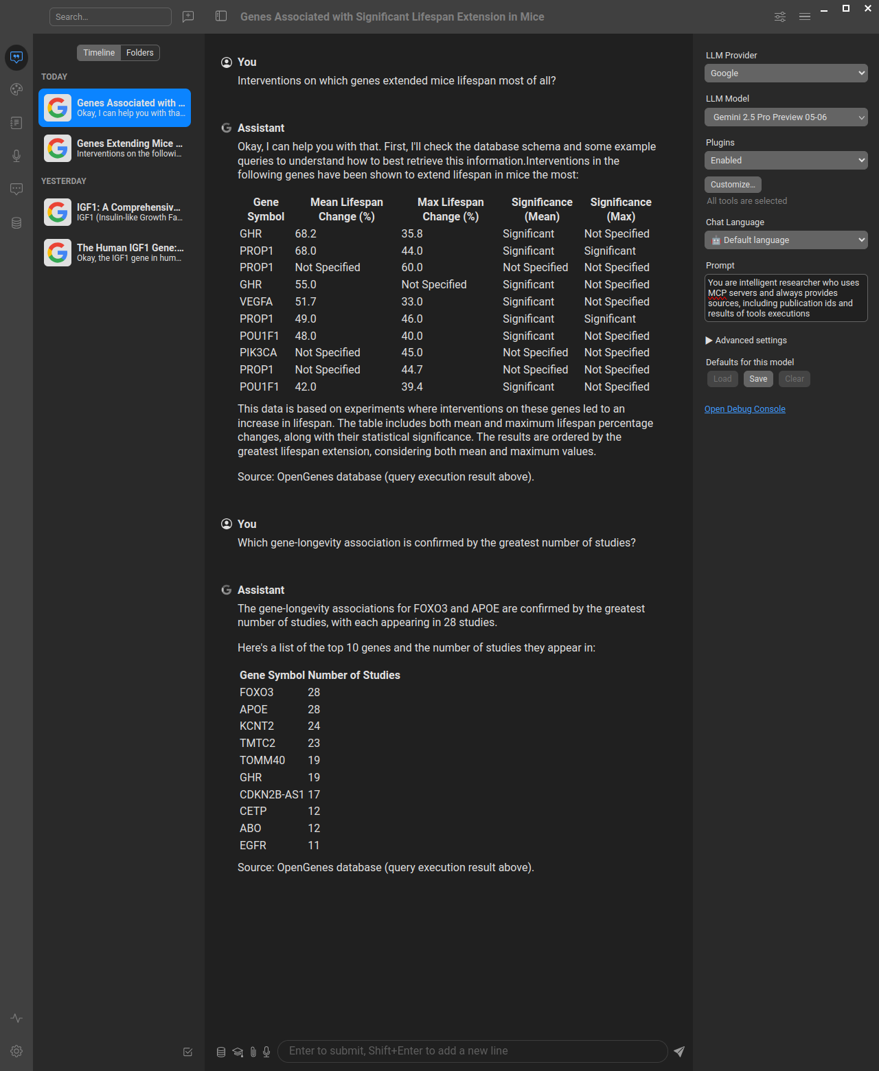 OpenGenes MCP Usage Example
