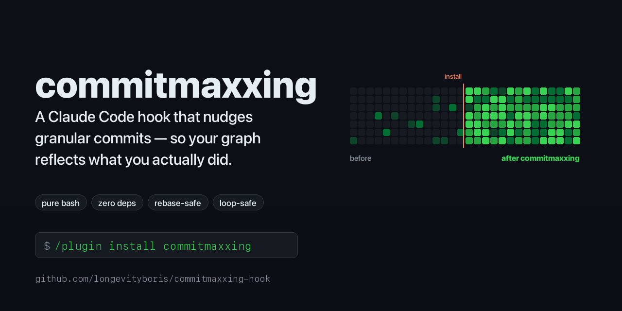 Before and after commitmaxxing — sparse grey graph turns dense green after the install marker