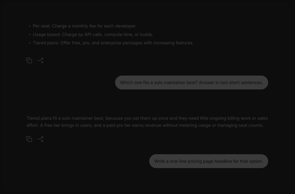 Selecting text and choosing Dig in opens a side conversation; after Endo restarts, the thread and its Dig In return and Claude continues where Gemini left off.