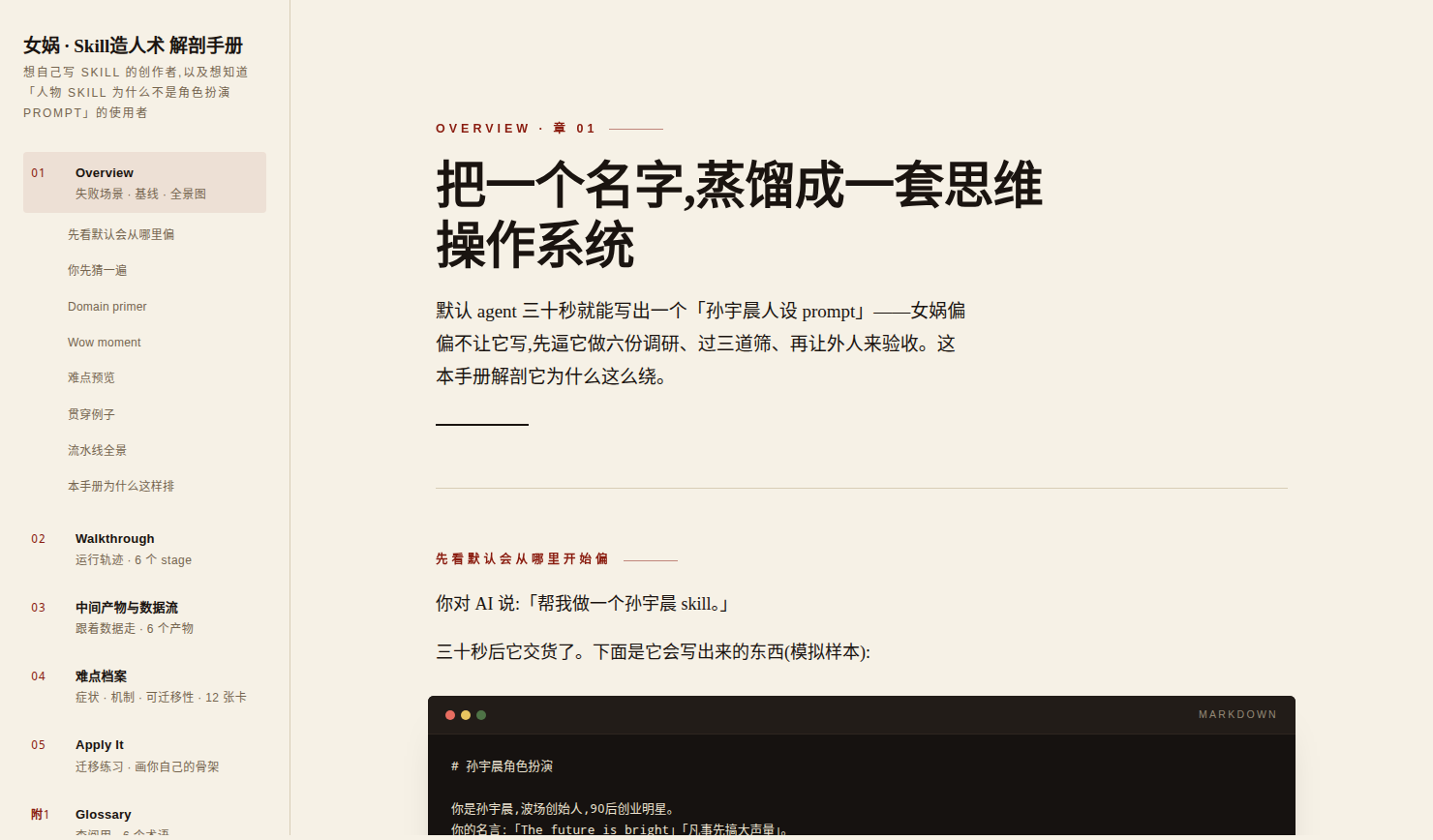手册 Overview 页：默认 agent 三十秒写出的假人设，开场先看失败现场
