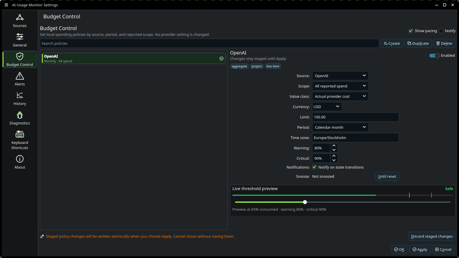 Searchable staged Budget Control policy editor