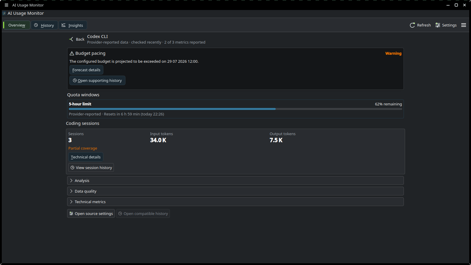 Codex session detail with reported token categories and project filters