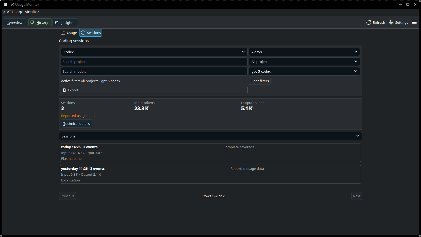 Daily coding-session tokens and a filtered session list