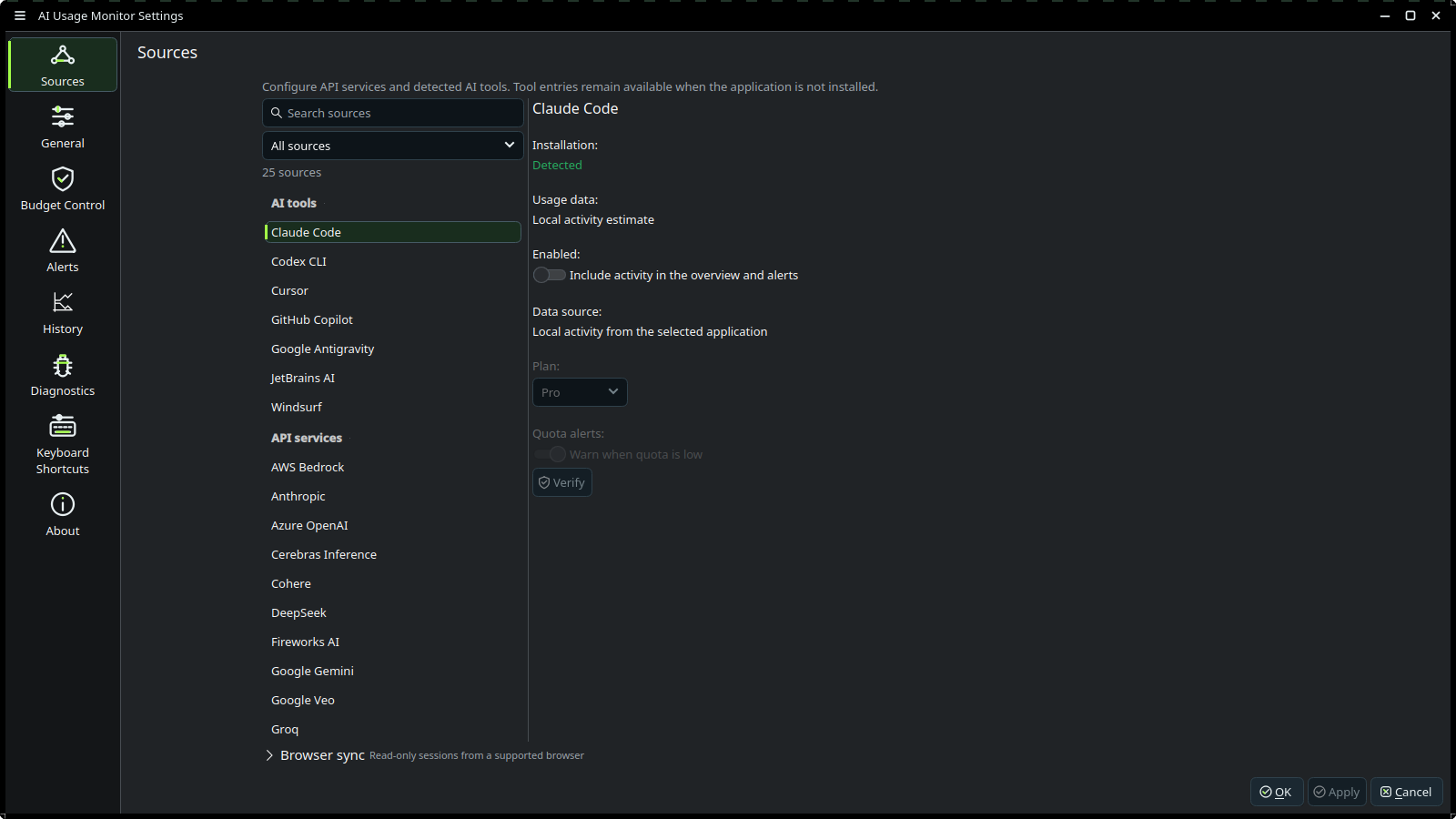 Unified API services and AI tools source settings