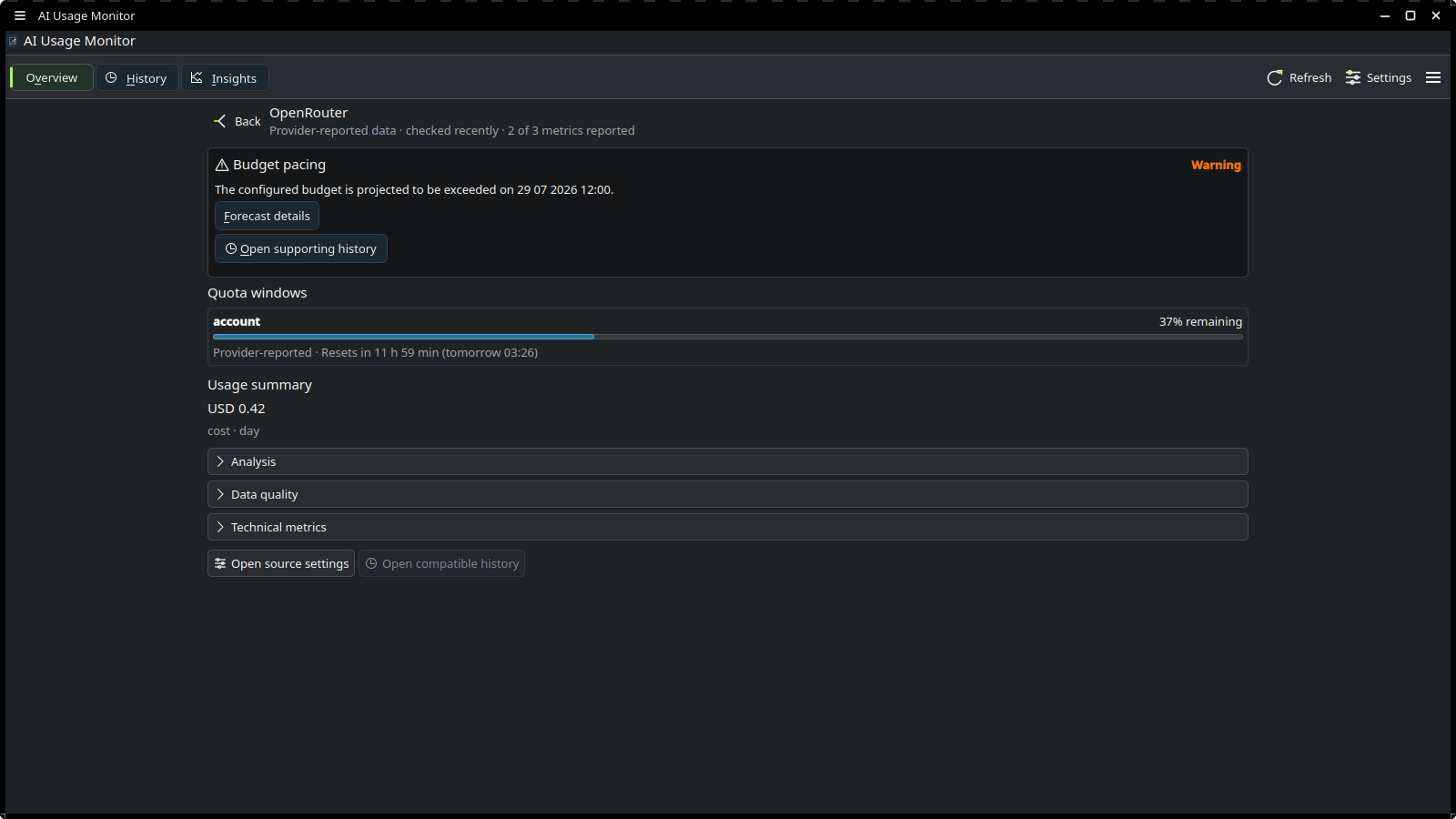 Source Detail with freshness, quota, typed metrics, and provenance
