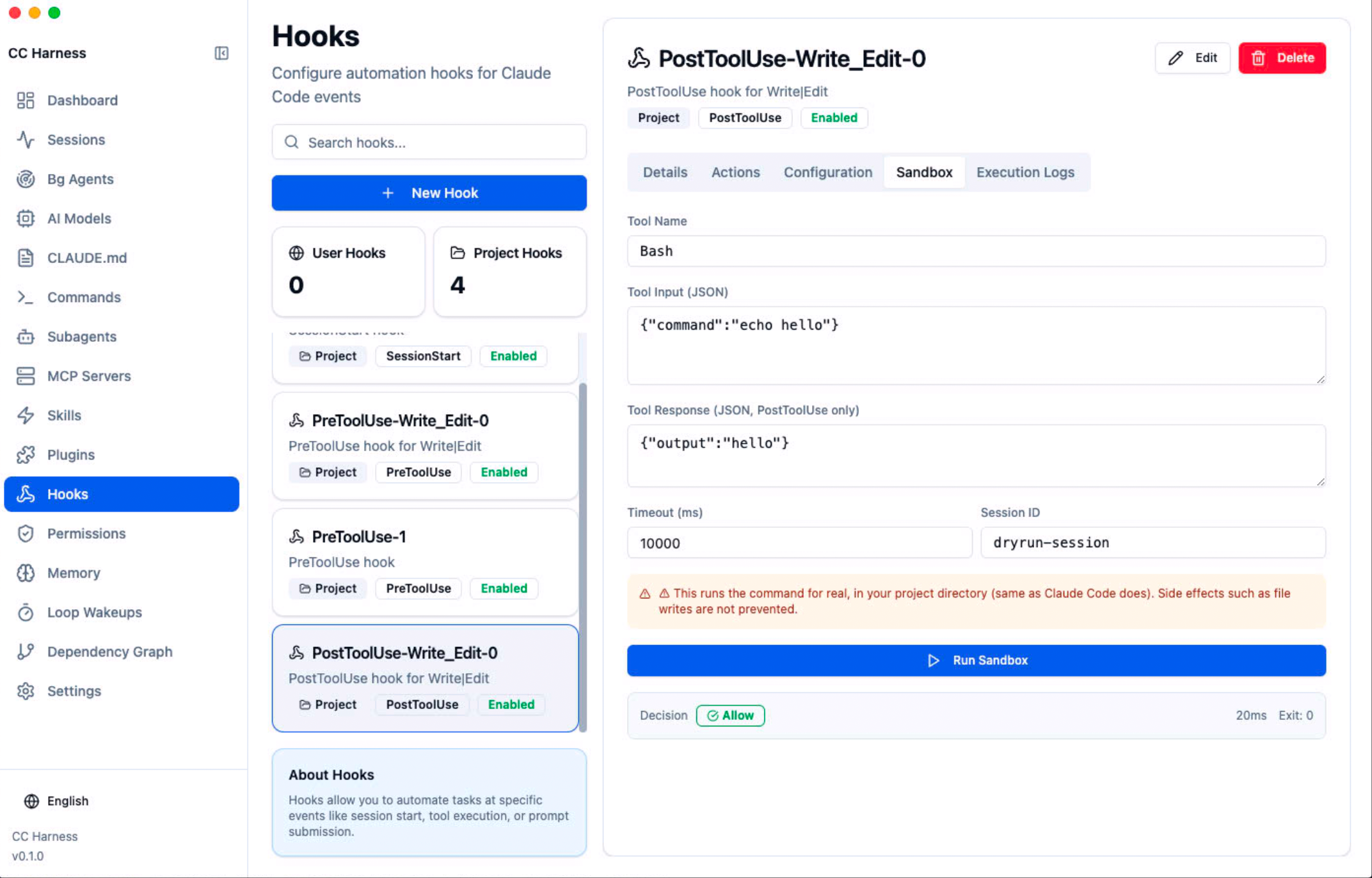 Hook sandbox