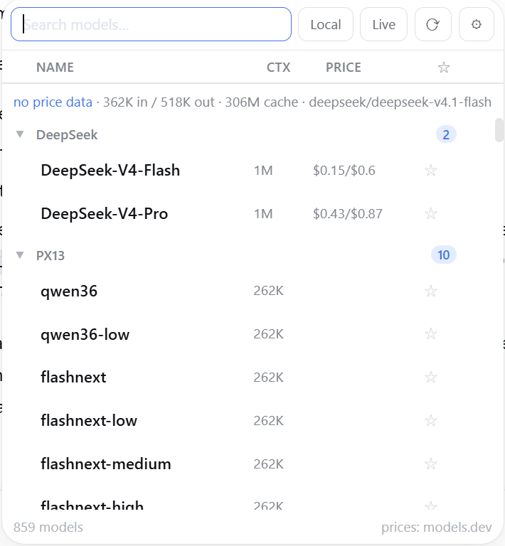 The composer's model seat: search, provider groups, favorites, sortable columns, prices and context windows