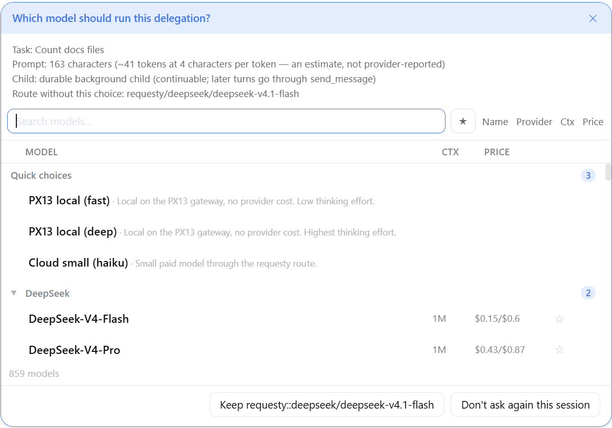 The delegation dialog: the task dossier, three quick choices with their descriptions, the DeepSeek provider group with prices and context windows, and the footer's keep and auto answers