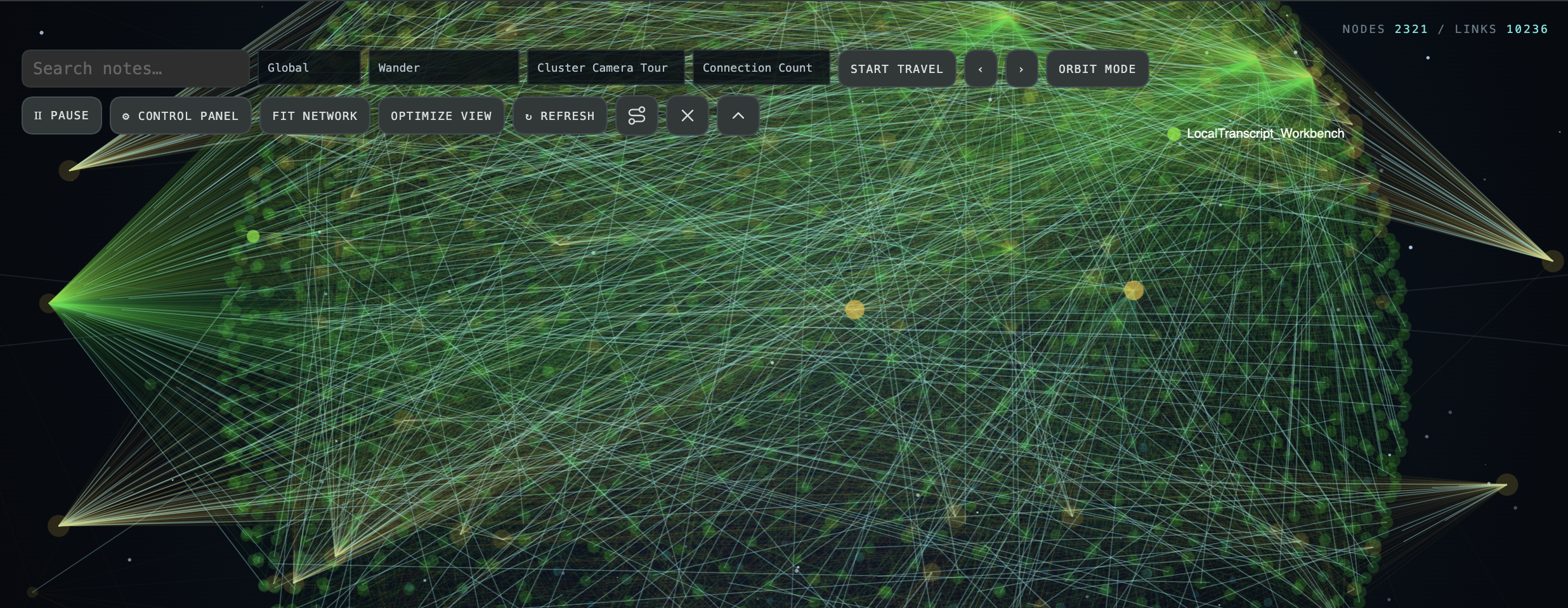 A large vault with green nodes, dense connections, and the Quick Menu open.