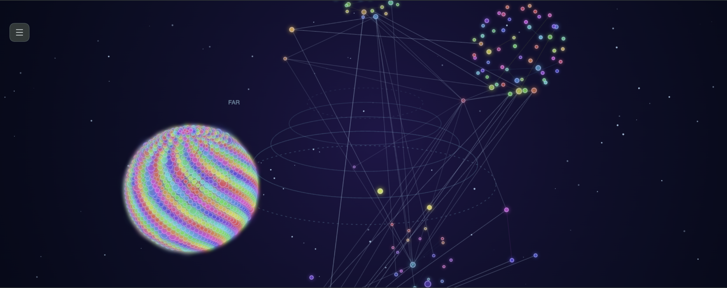 Multicolor note groups with a starfield background and depth guides.