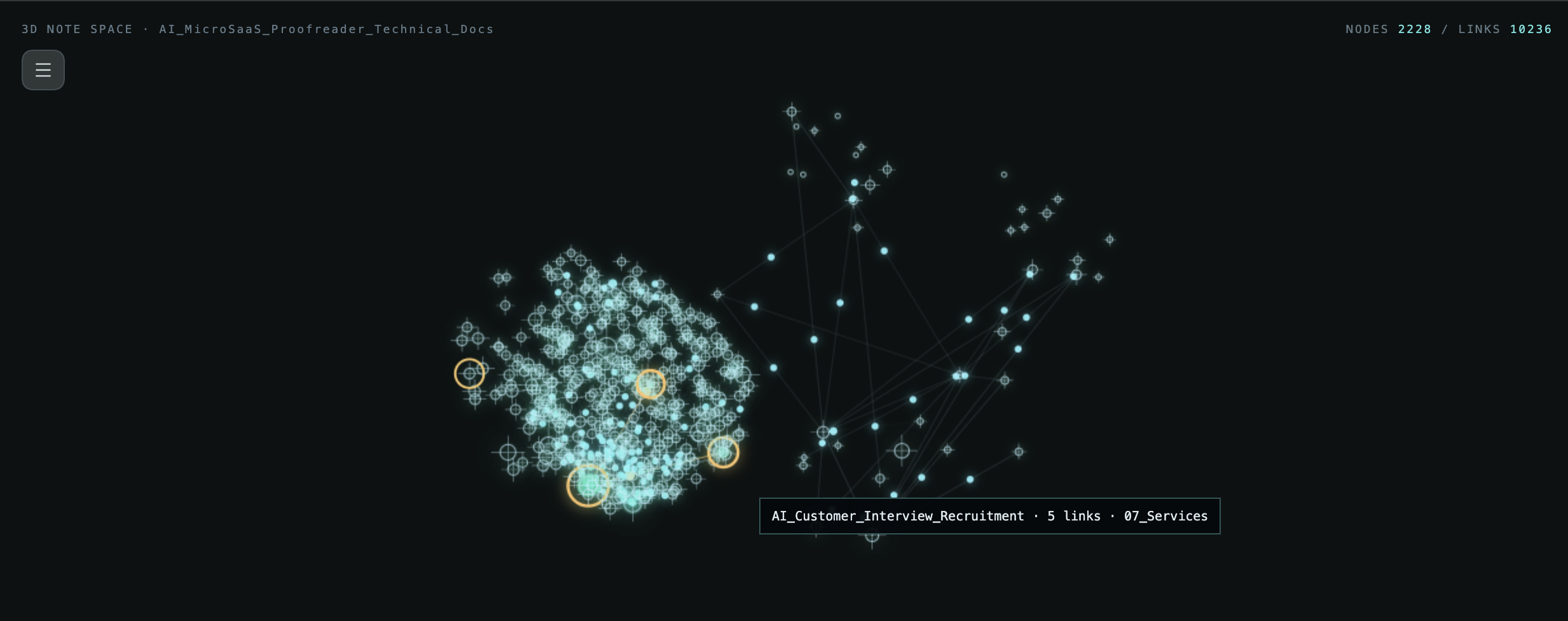 Constellation 3D showing connected notes in a dark Star Map view.