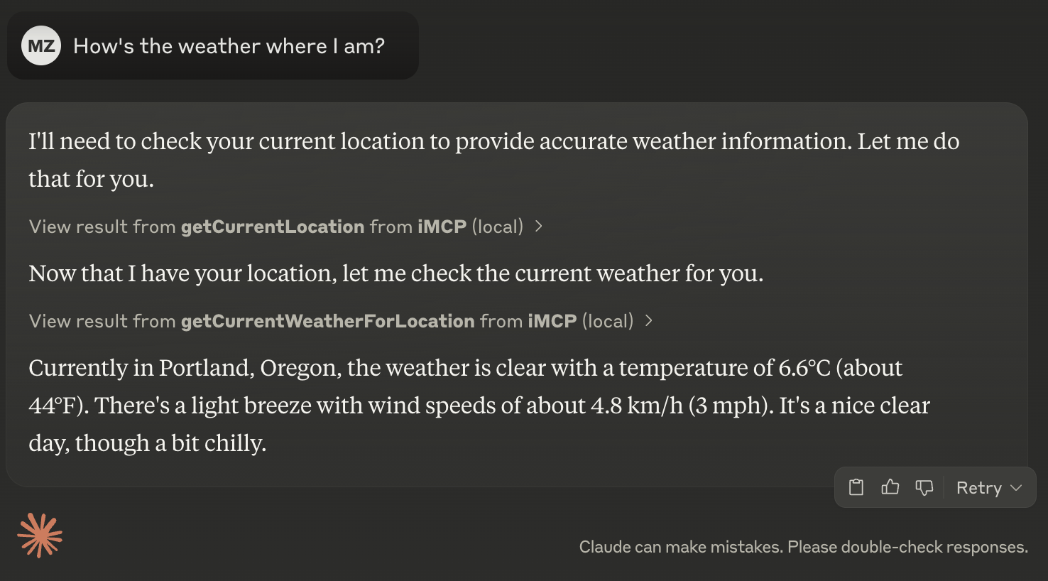 Screenshot of Claude response to user message 'How's the weather where I am?'