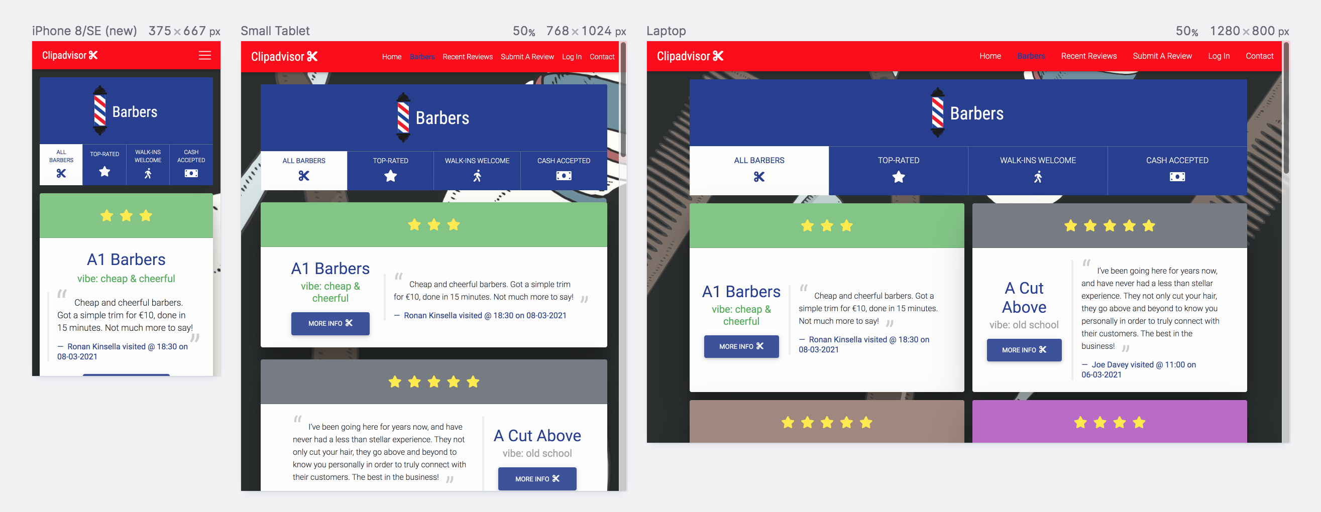 Clipadvisor Barbers page screenshots across multiple device sizes