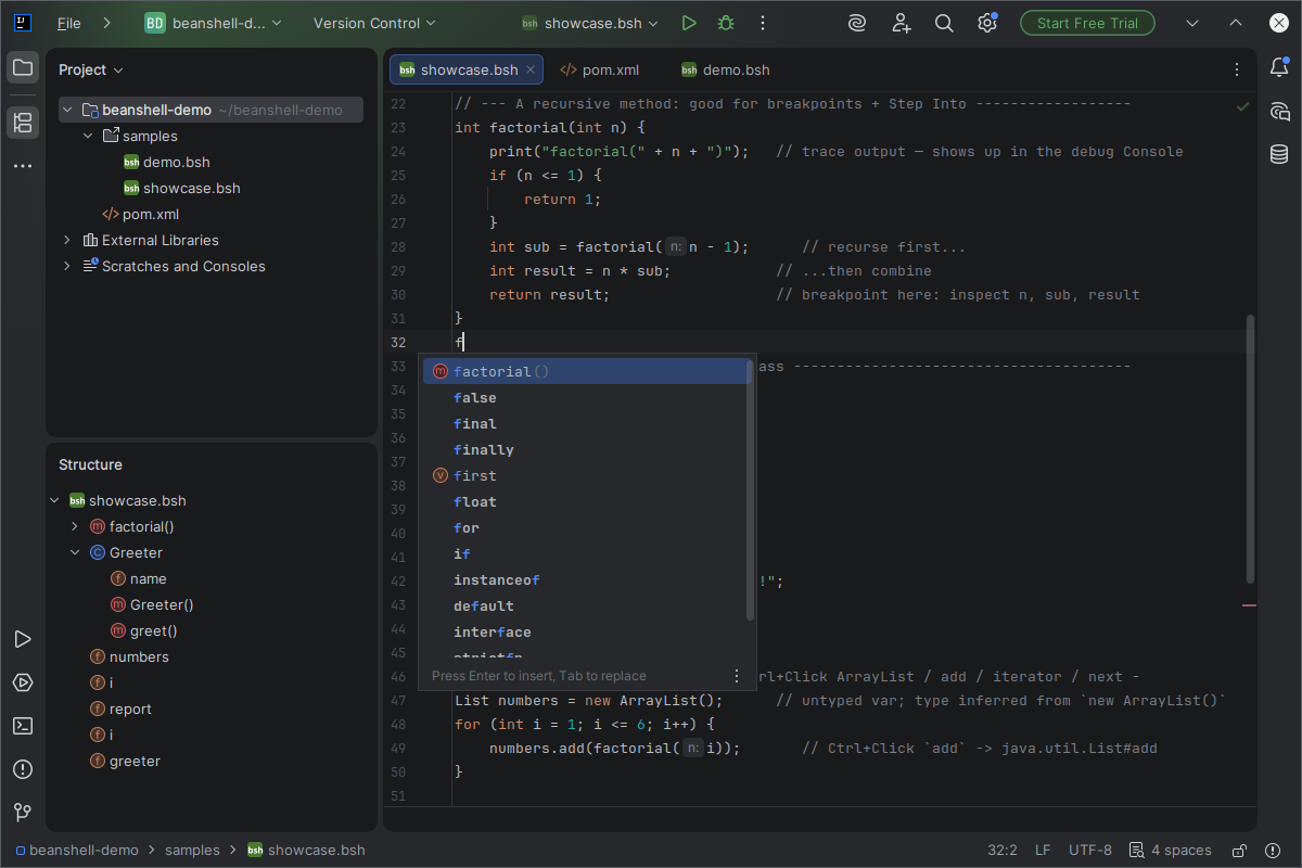 Code completion for keywords and in-scope names