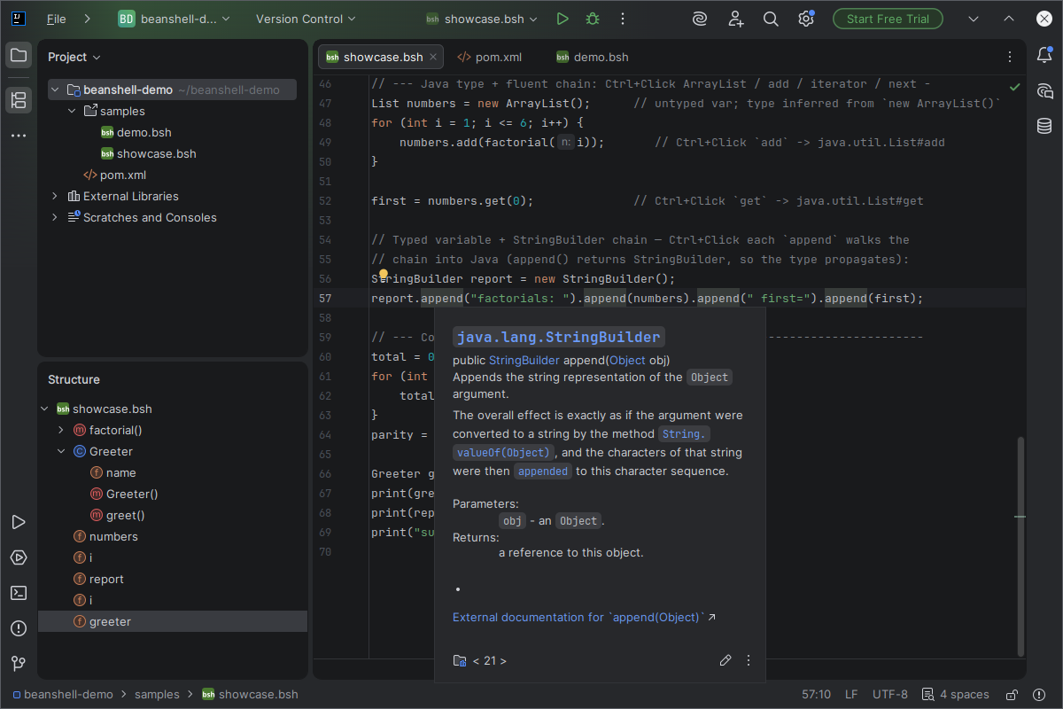 Quick documentation into Java on a chained member