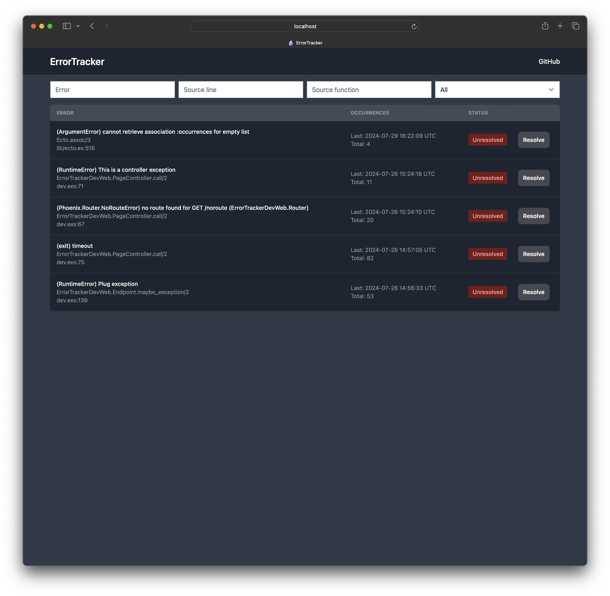 ErrorTracker web dashboard