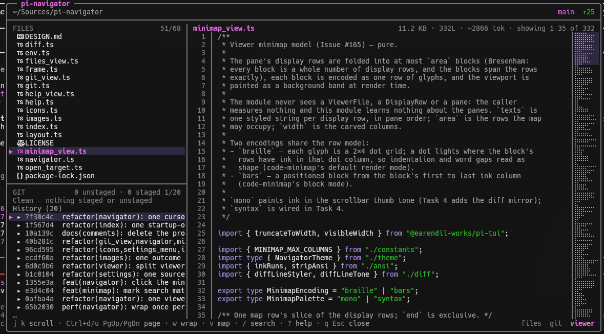 pi-navigator viewer with the minimap column on the right edge: a braille map of minimap_view.ts with search marks and a viewport band