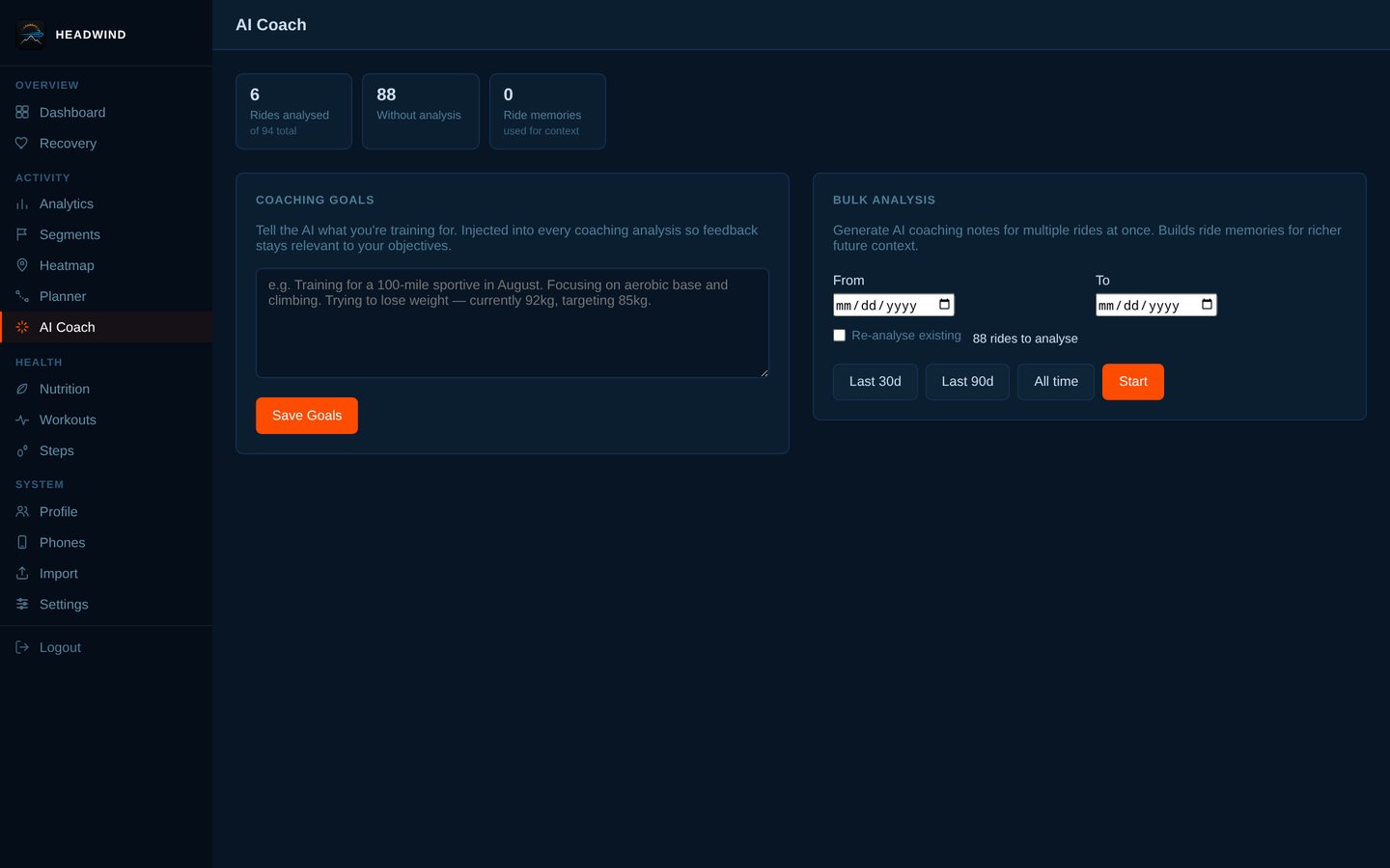 AI Coach: your coaching goals, and bulk analysis of rides by date range.