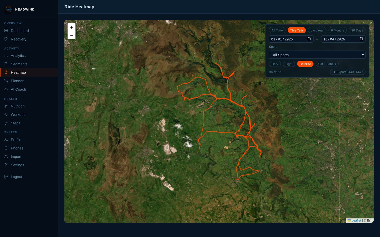 The same heatmap on satellite imagery (also Dark, Light and Satellite + labels, with HD export).