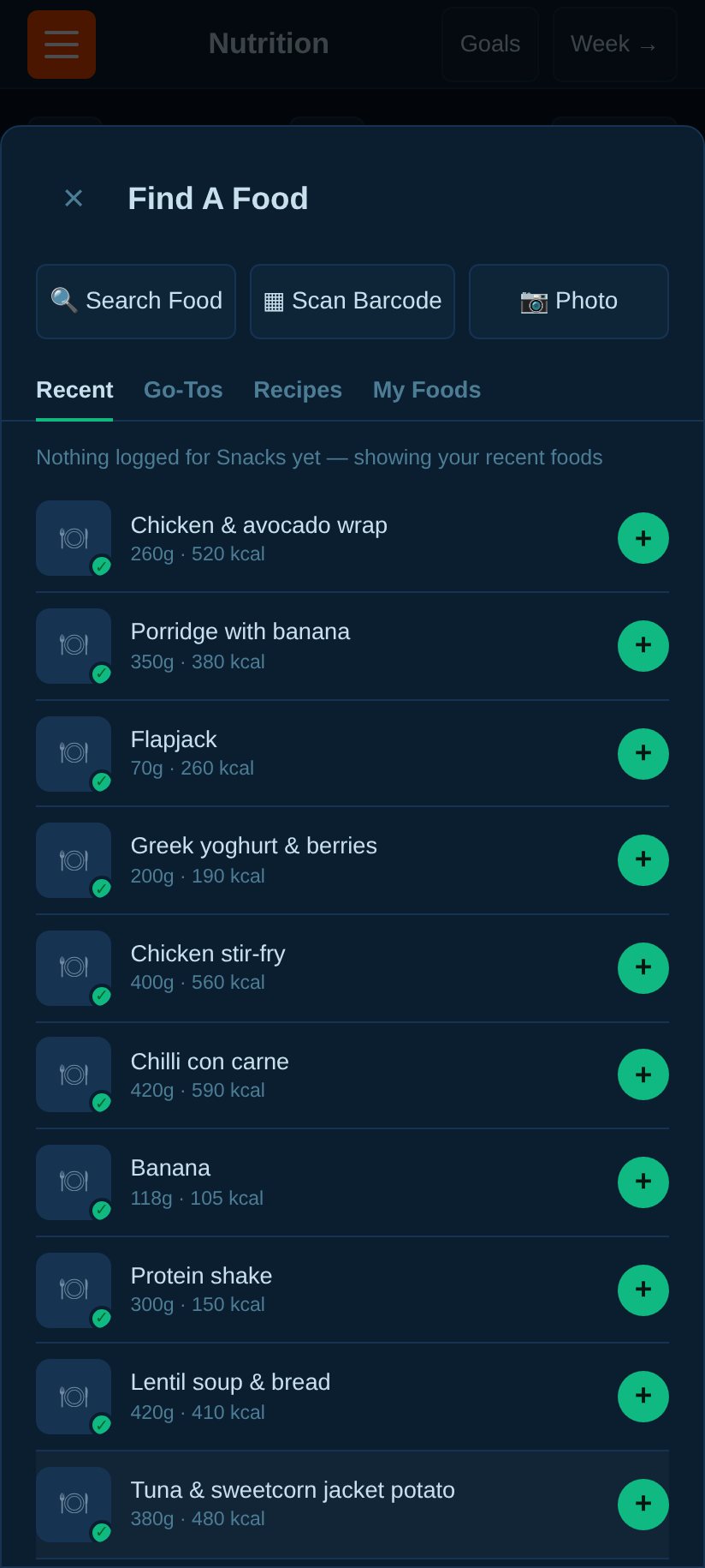 Add food: recent first.