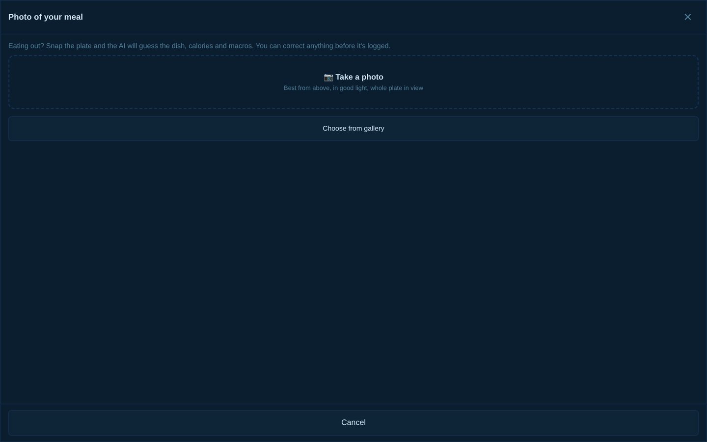 AI food-photo estimate (needs your own AI key).