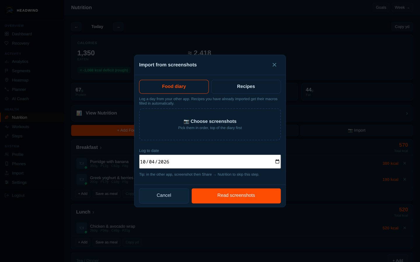 Import a food diary or recipe from screenshots of another app (needs your own AI key).