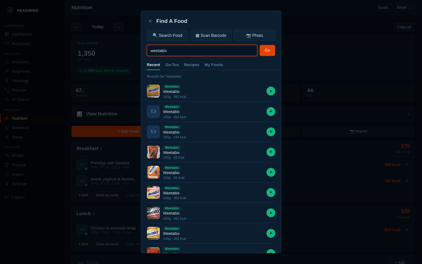 Search Open Food Facts by name (barcode scanning is next to it).