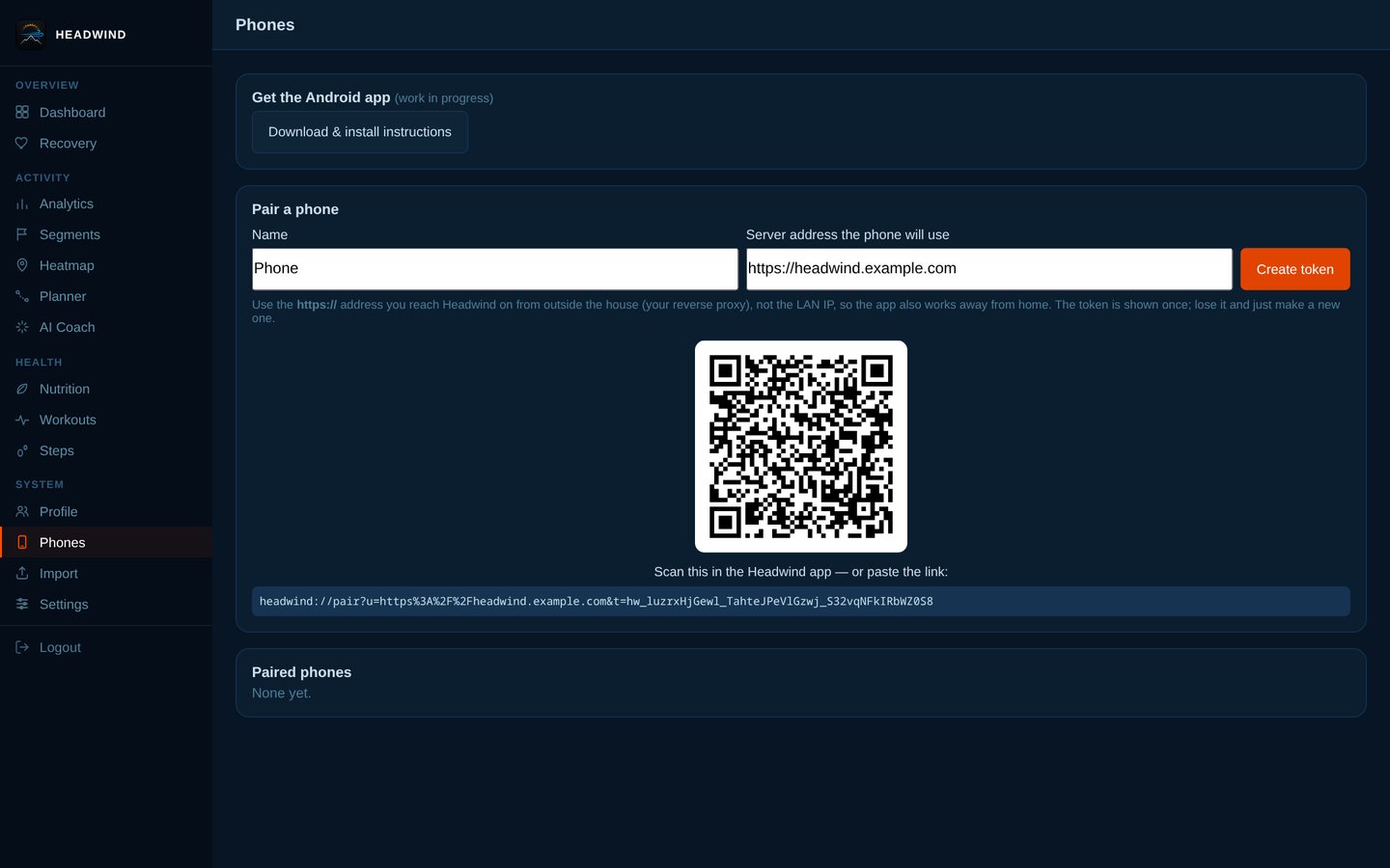 Pair a phone with a QR code and a per-device token (HTTPS required).